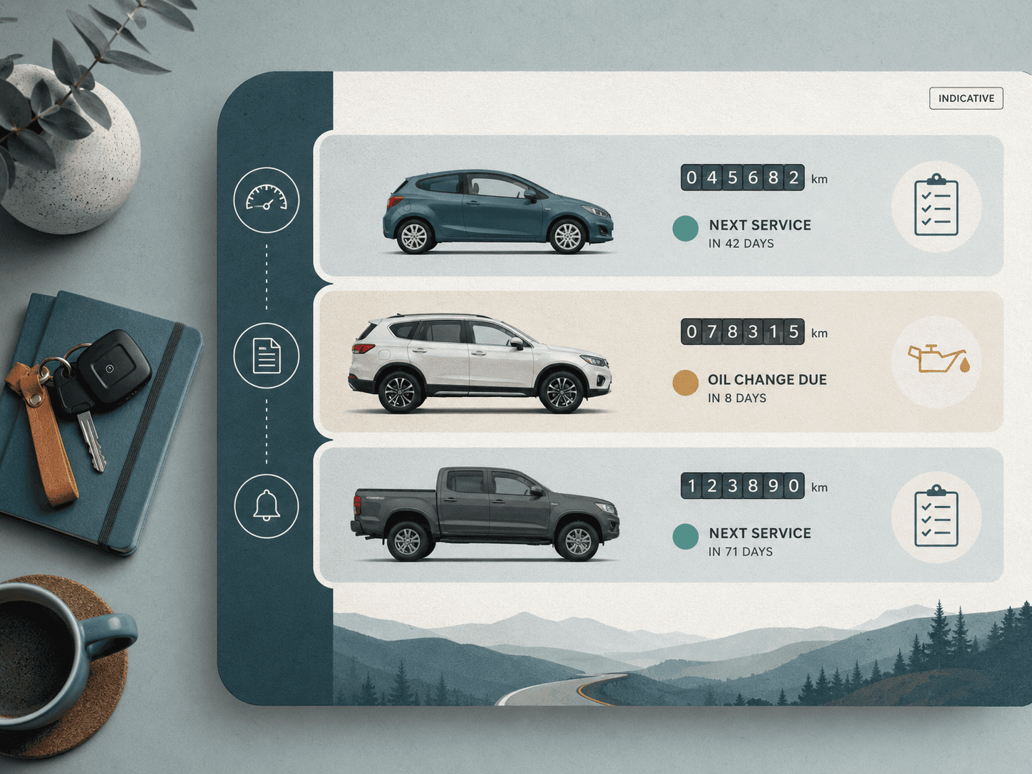 Multi-car account ledger with mileage and reminder status