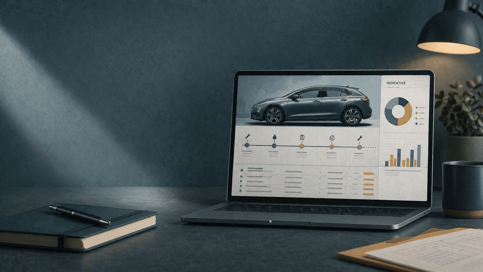 Car service record workspace with timeline, reminders and annual cost chart