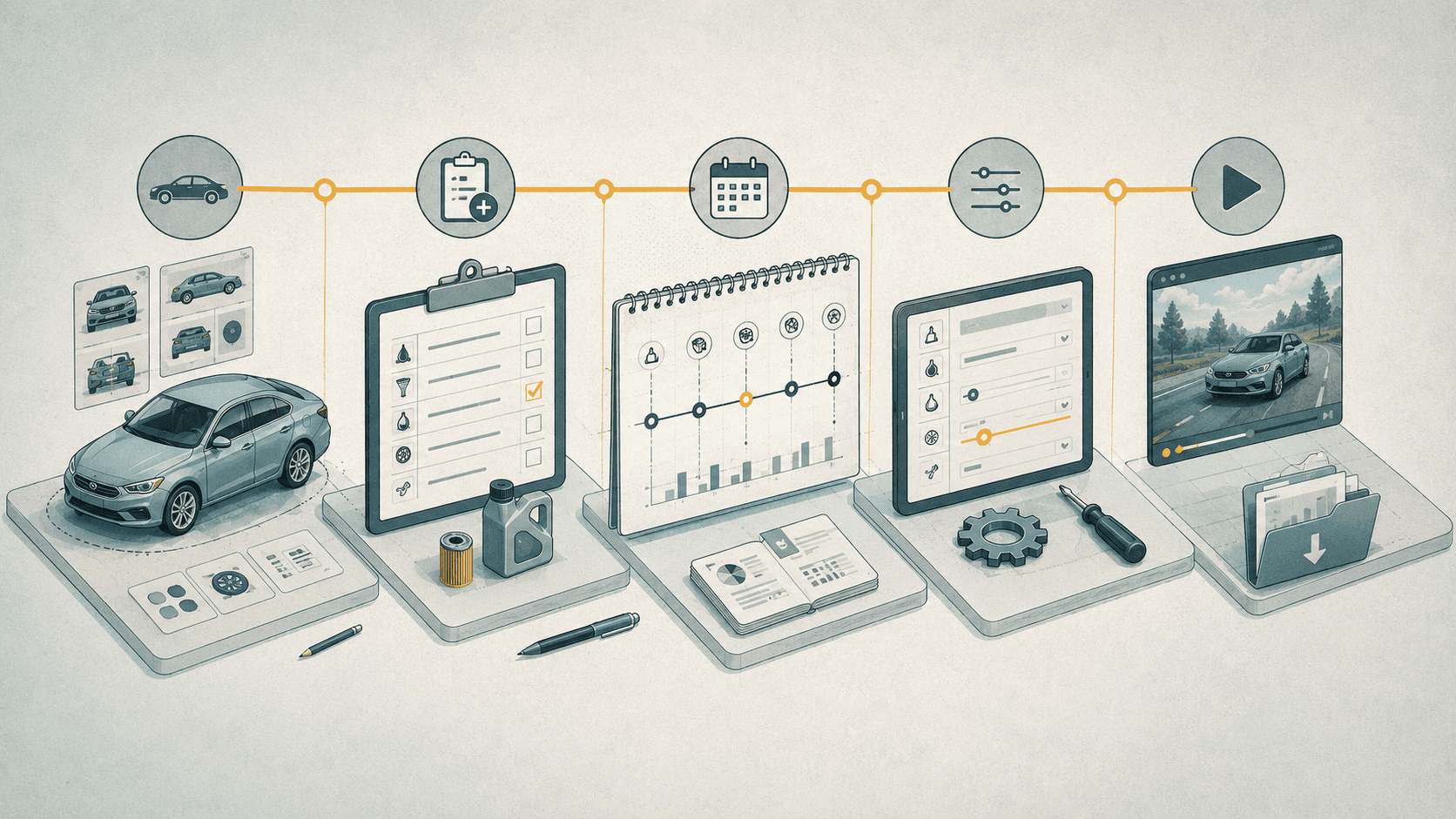 Five connected stages from vehicle brief to exported records pack